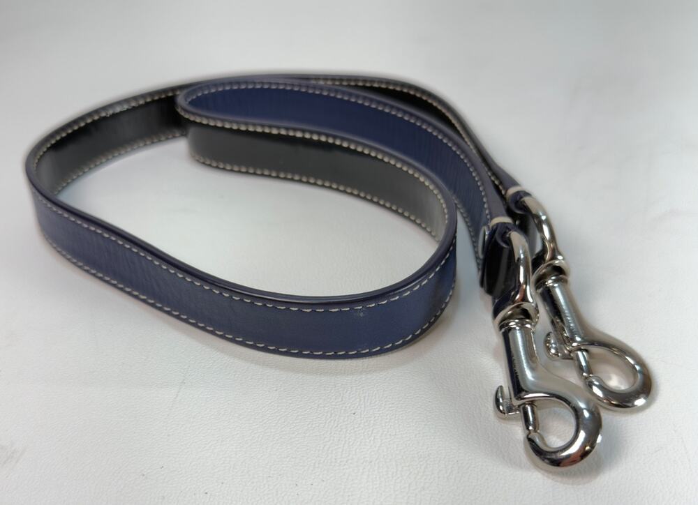 Reversible Navy Blue Black Leather Handbag Shoulder Strap White Stitching Silver